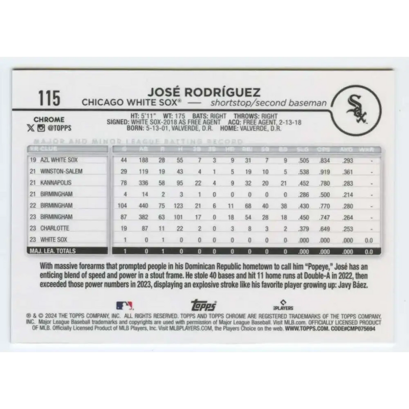 2024 Topps Chrome #115 Jose Rodriguez NM-MT RC Rookie Chicago White Sox Baseball Card - Baseball Card Single