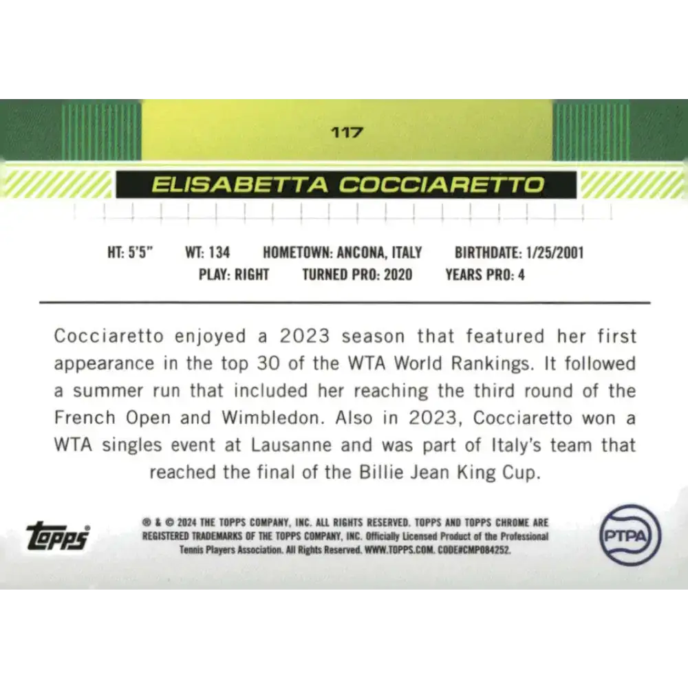 2024 Topps Chrome #117 Elisabetta Cocciaretto EX Excellent Tennis Card - Tennis Card Single