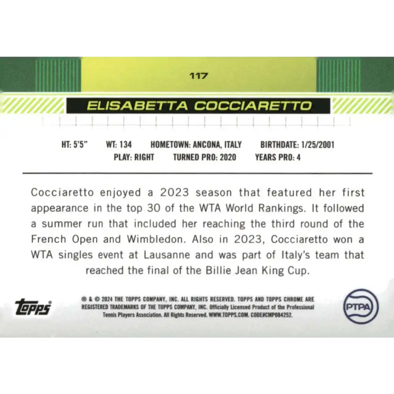 2024 Topps Chrome #117 Elisabetta Cocciaretto EX Excellent Tennis Card - Tennis Card Single