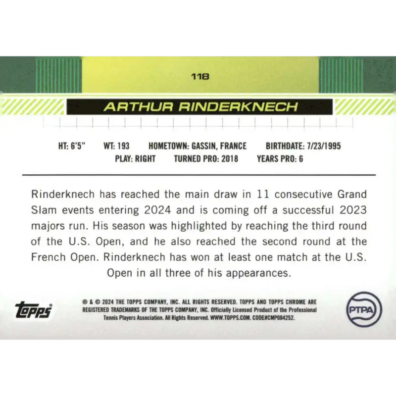 2024 Topps Chrome #118 Arthur Rinderknech EX Excellent Tennis Card - Tennis Card Single
