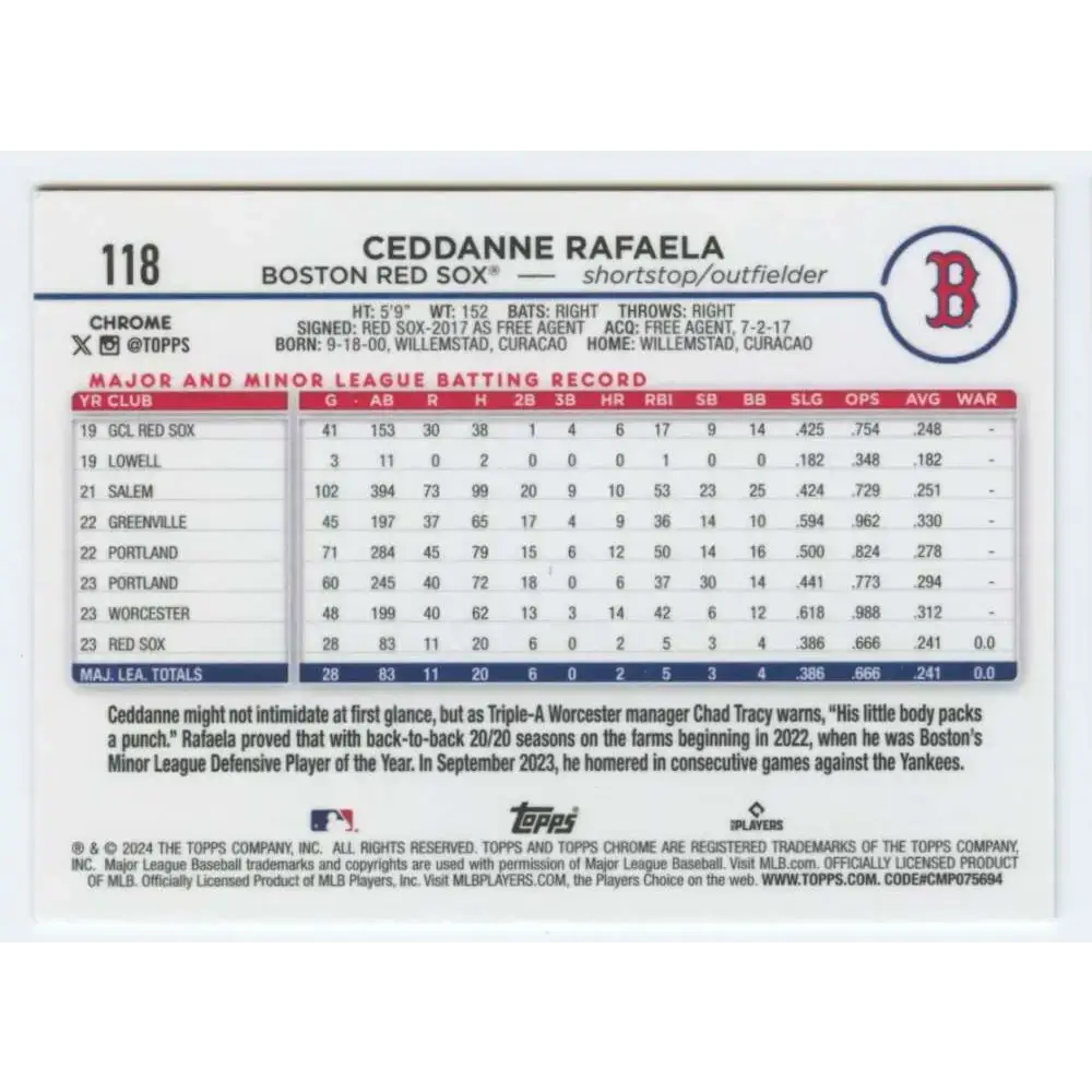 2024 Topps Chrome #118 Ceddanne Rafaela NM-MT RC Rookie Boston Red Sox Baseball Card - Baseball Card Single