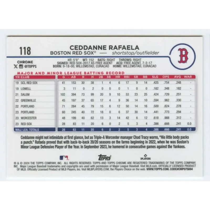 2024 Topps Chrome #118 Ceddanne Rafaela NM-MT RC Rookie Boston Red Sox Baseball Card - Baseball Card Single