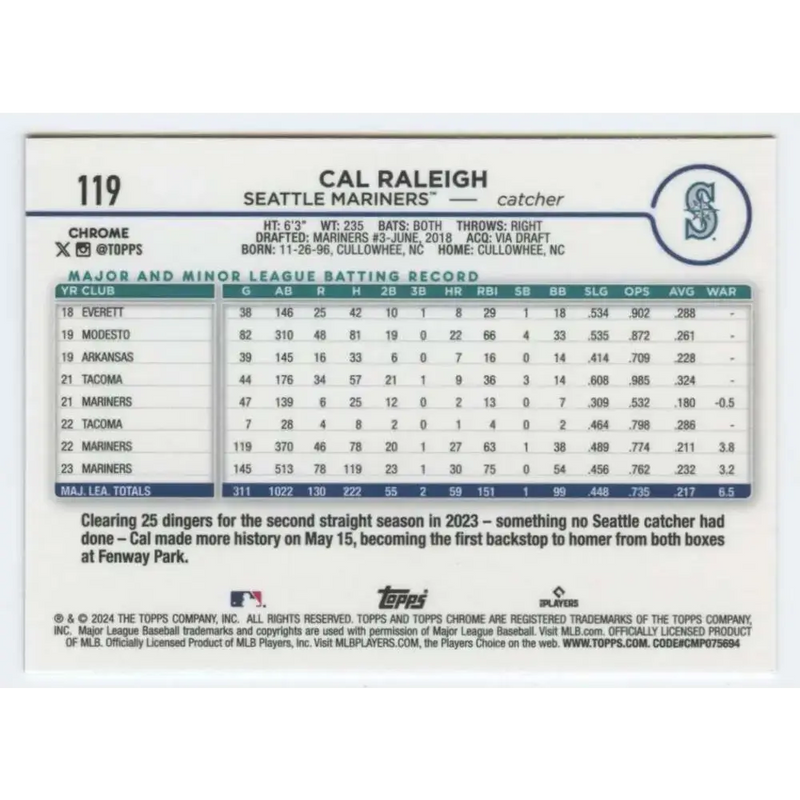 2024 Topps Chrome #119 Cal Raleigh NM-MT Seattle Mariners Baseball Card - Baseball Card Single