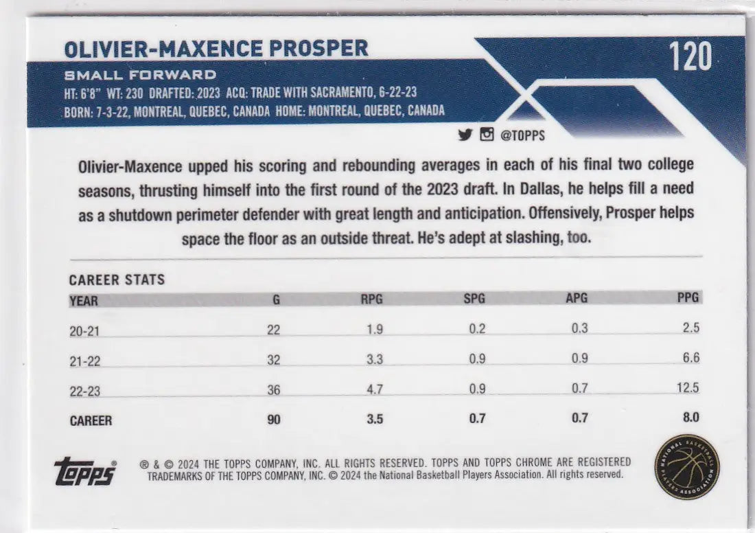 2024 TOPPS CHROME #120 OLIVIER PROSPER- DALLAS MAVERICKS