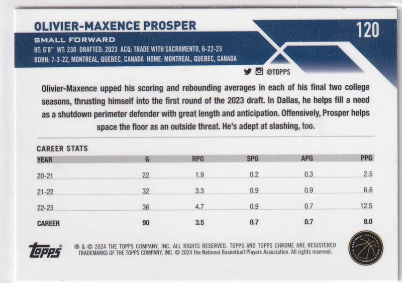 2024 TOPPS CHROME #120 OLIVIER PROSPER- DALLAS MAVERICKS