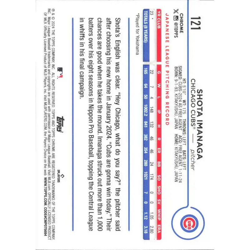 2024 Topps Chrome #121 Shota Imanaga NM-MT RC Rookie Chicago Cubs Baseball Card - Baseball Card Single
