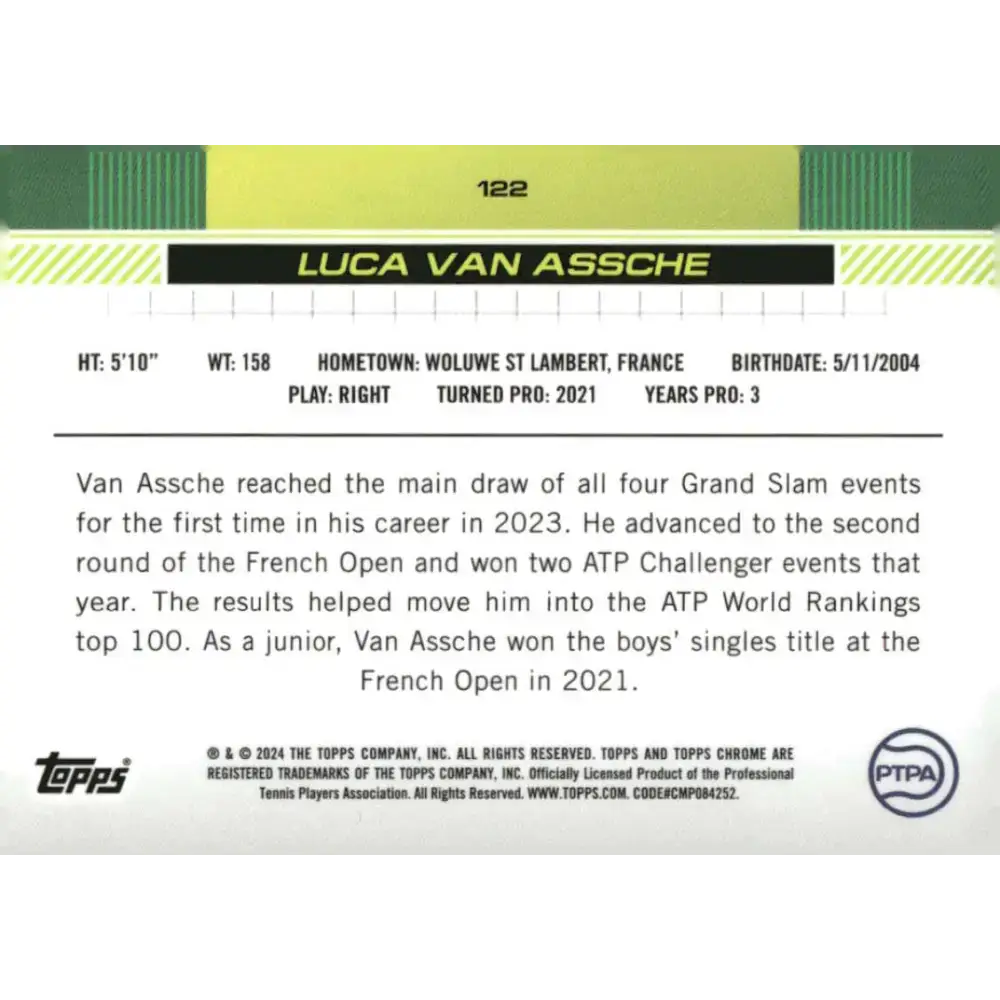 2024 Topps Chrome #122 Luca Van Assche EX Excellent RC Rookie Tennis Card - Other