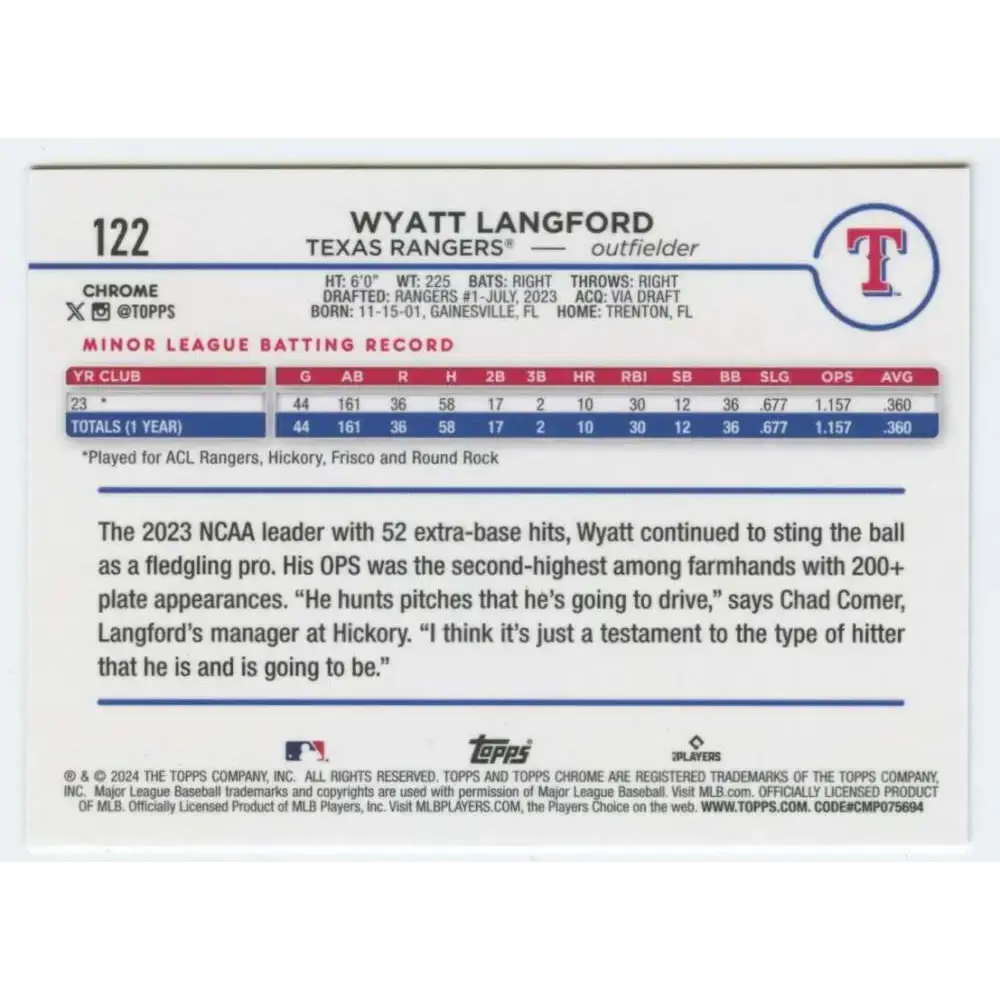 2024 Topps Chrome #122 Wyatt Langford NM-MT RC Rookie Texas Rangers Baseball Card - Baseball Card Single