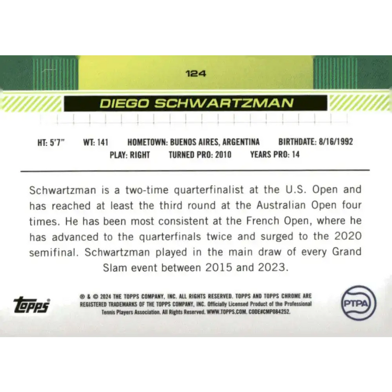 2024 Topps Chrome #124 Diego Schwartzman EX Excellent Tennis Card - Tennis Card Single