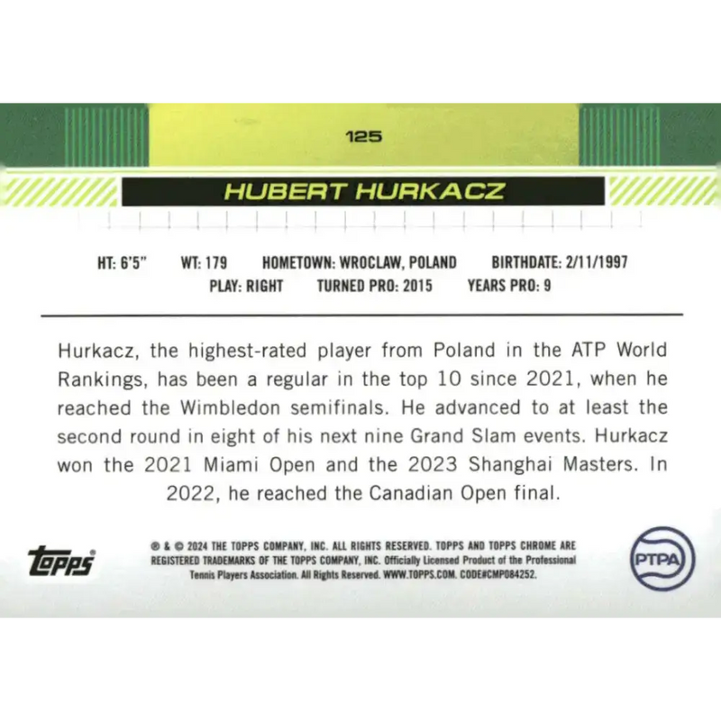2024 Topps Chrome #125 Hubert Hurkacz EX Excellent Tennis Card - Tennis Card Single