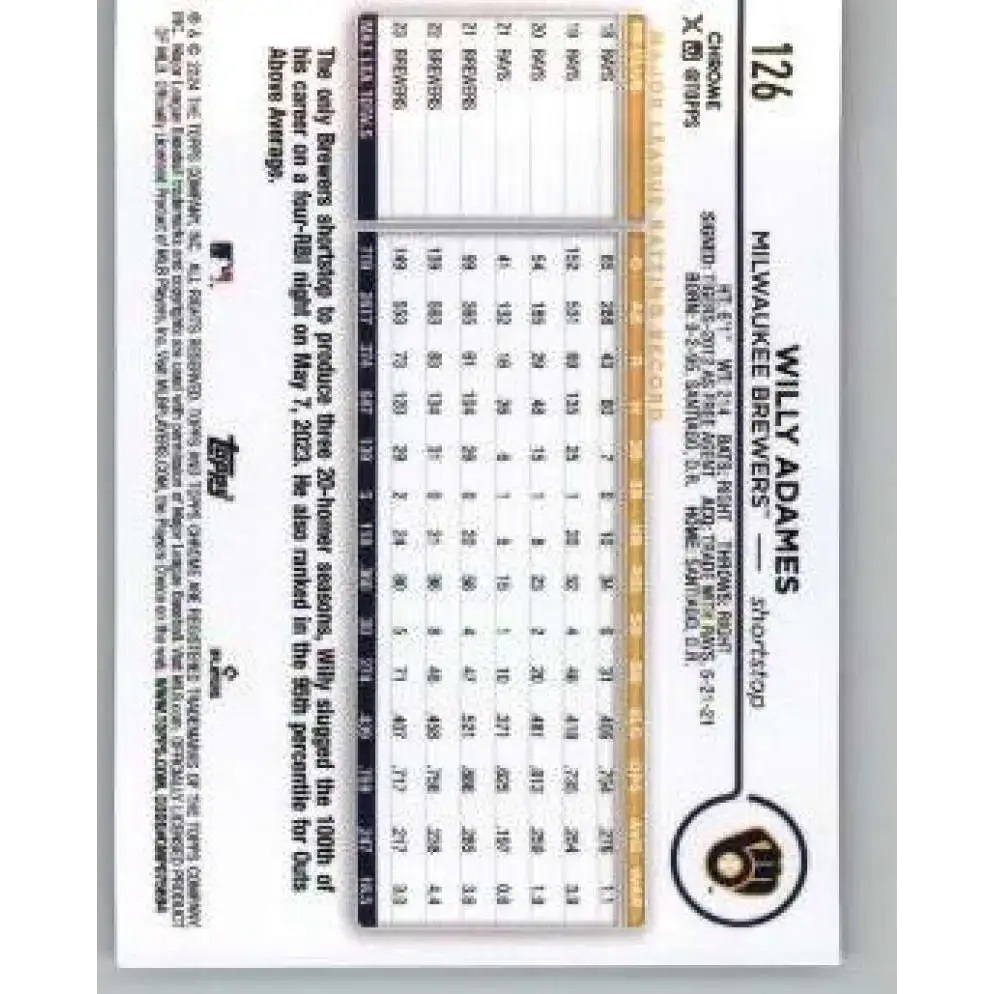 2024 Topps Chrome #126 Willy Adames NM-MT Milwaukee Brewers Baseball Card - Baseball Card Single