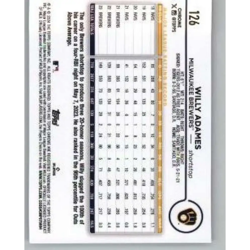 2024 Topps Chrome #126 Willy Adames NM-MT Milwaukee Brewers Baseball Card - Baseball Card Single