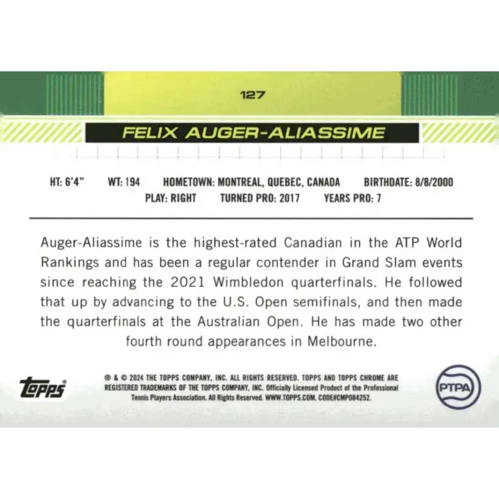 2024 Topps Chrome #127 Felix Auger-Aliassime EX Excellent Tennis Card - Tennis Card Single