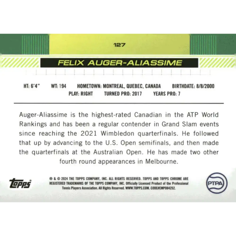 2024 Topps Chrome #127 Felix Auger-Aliassime EX Excellent Tennis Card - Tennis Card Single