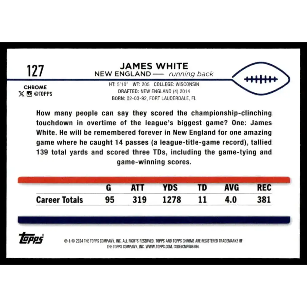 2024 Topps Chrome #127 James White NM-MT New England Patriots Football Card - Football Card Single