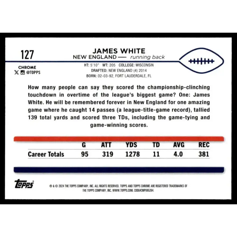 2024 Topps Chrome #127 James White NM-MT New England Patriots Football Card - Football Card Single