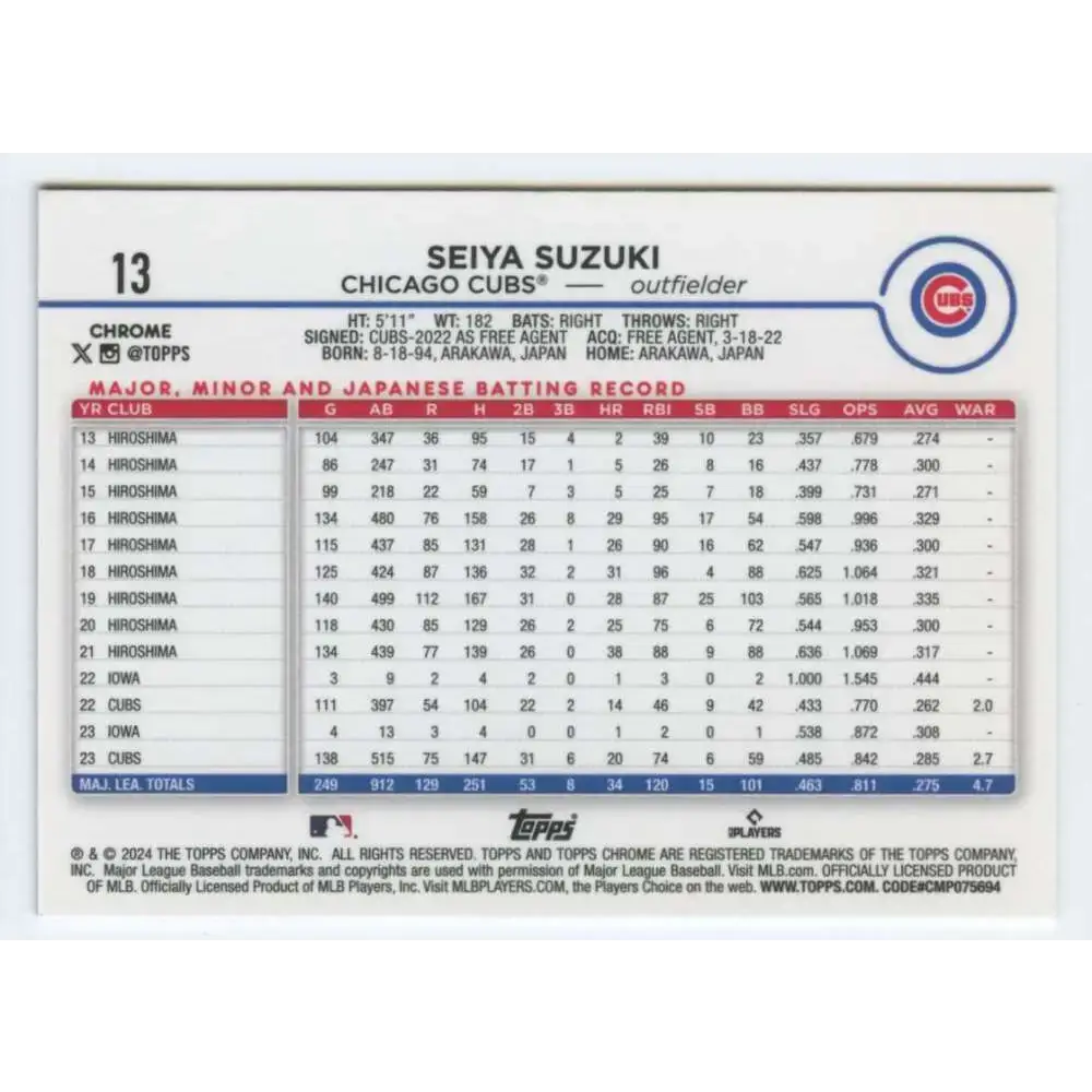 2024 Topps Chrome #13 Seiya Suzuki NM-MT Chicago Cubs Baseball Card - Baseball Card Single
