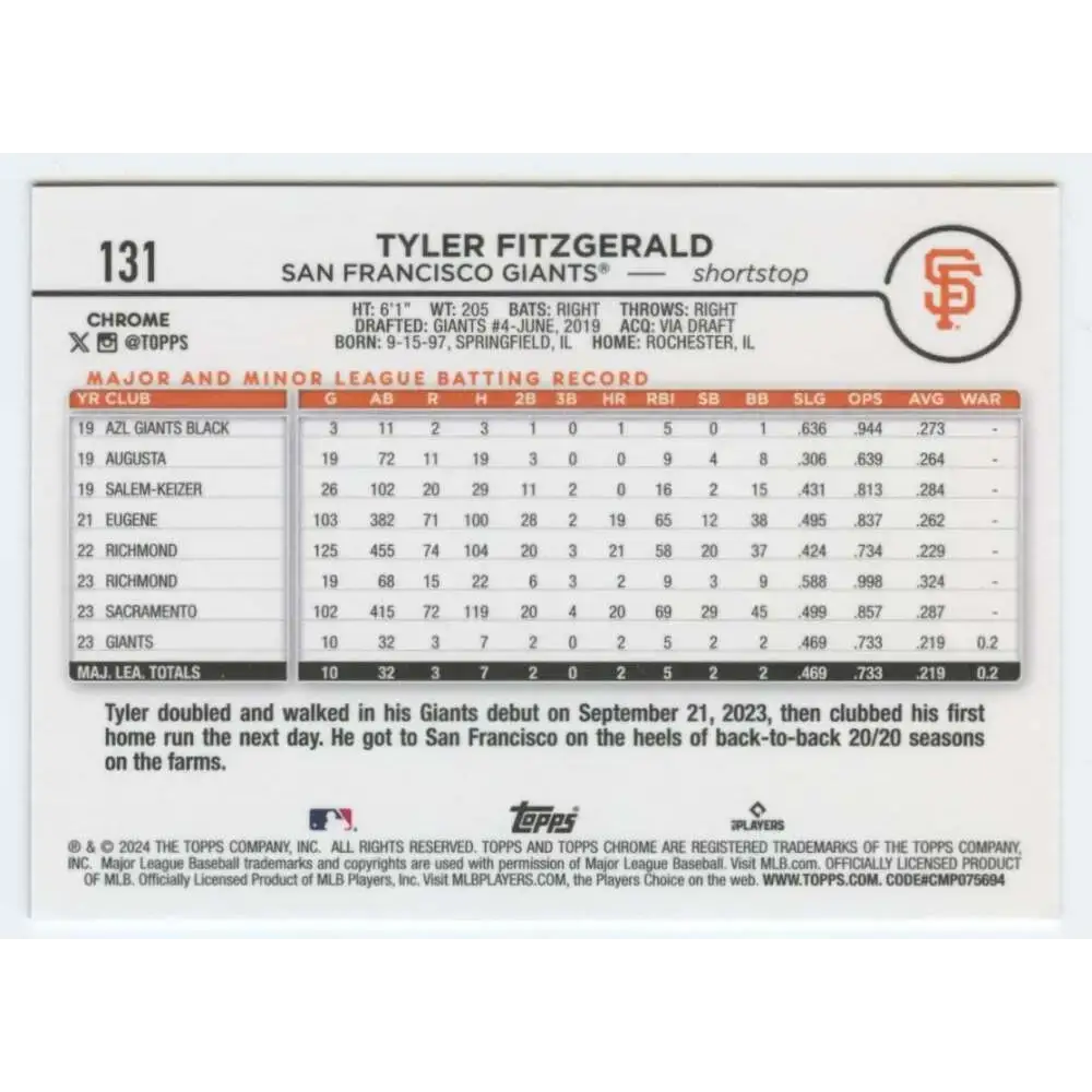 2024 Topps Chrome #131 Tyler Fitzgerald NM-MT RC Rookie San Francisco Giants Baseball Card - Baseball Card Single