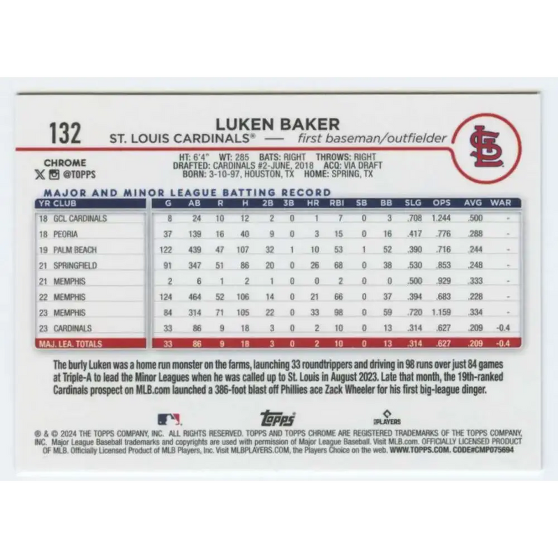 2024 Topps Chrome #132 Luken Baker NM-MT RC Rookie St Louis Cardinals Baseball Card - Baseball Card Single