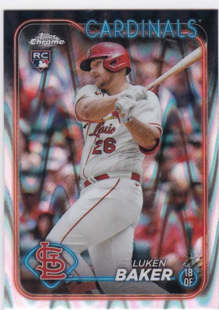 Baseball card of Luken Baker in white uniform from 2024 Topps Chrome RC Wave Refractor St Louis