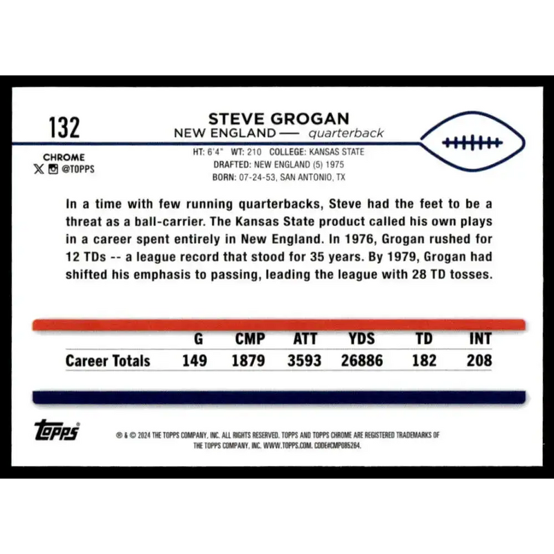 2024 Topps Chrome #132 Steve Grogan NM-MT New England Patriots Football Card - Football Card Single