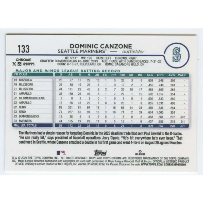 2024 Topps Chrome #133 Dominic Canzone NM-MT RC Rookie Seattle Mariners Baseball Card - Baseball Card Single