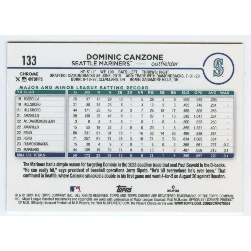 2024 Topps Chrome #133 Dominic Canzone NM-MT RC Rookie Seattle Mariners Baseball Card - Baseball Card Single
