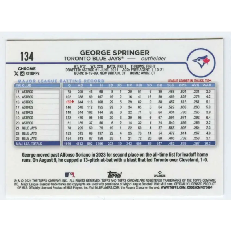 2024 Topps Chrome #134 George Springer NM-MT Toronto Blue Jays Baseball Card - Baseball Card Single