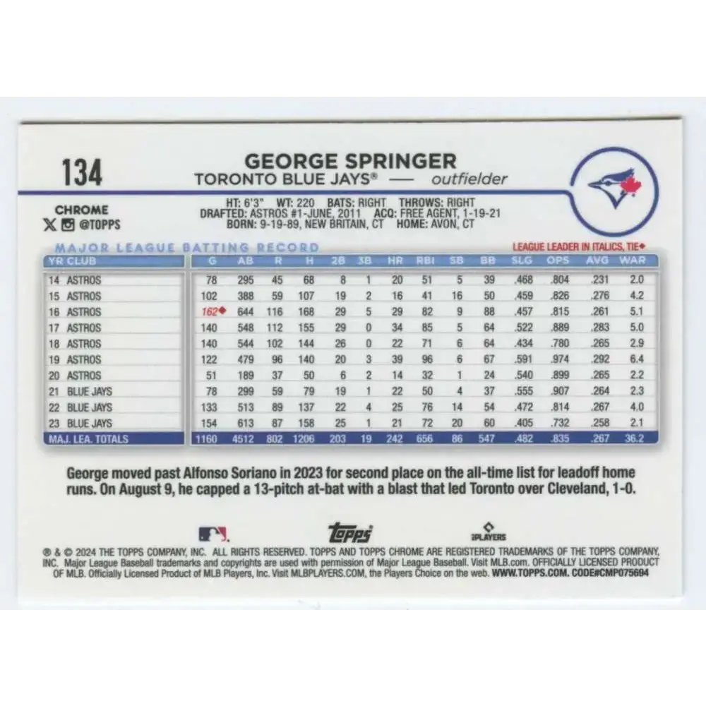 2024 Topps Chrome #134 George Springer NM-MT Toronto Blue Jays Baseball Card - Baseball Card Single