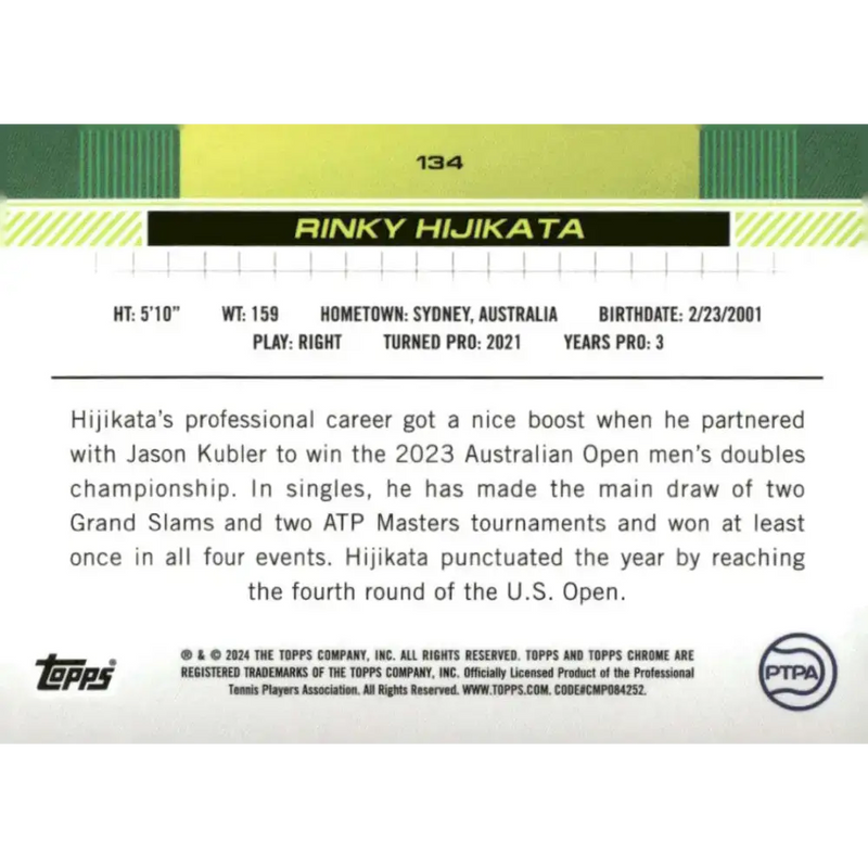2024 Topps Chrome #134 Rinky Hijikata EX Excellent RC Rookie Tennis Card - Other