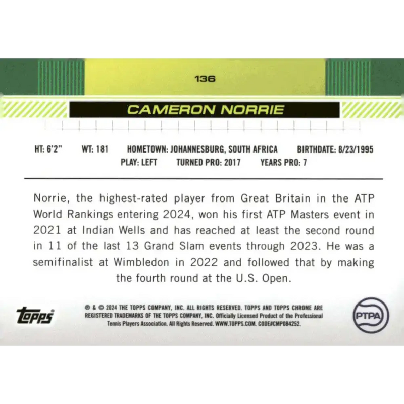 2024 Topps Chrome #136 Cameron Norrie EX Excellent Tennis Card - Tennis Card Single