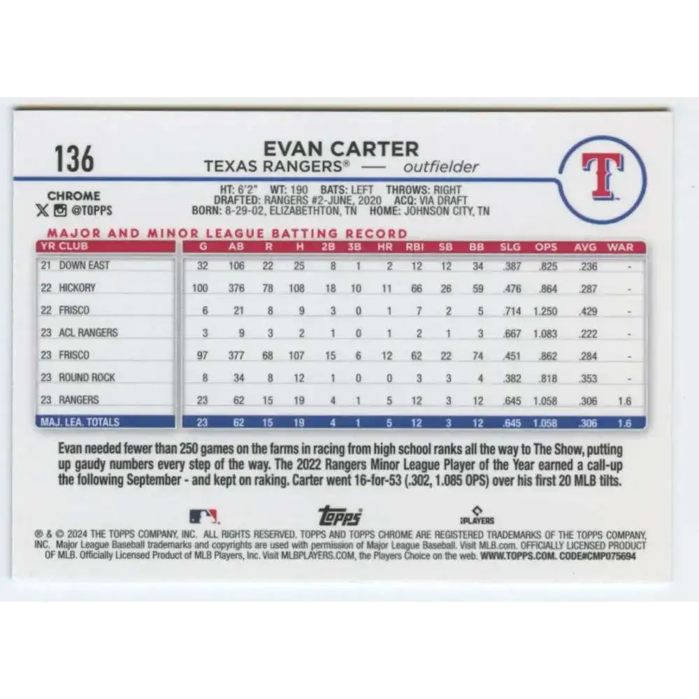 2024 Topps Chrome #136 Evan Carter NM-MT RC Rookie Texas Rangers Baseball Card - Baseball Card Single