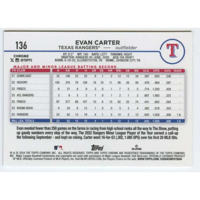 2024 Topps Chrome #136 Evan Carter NM-MT RC Rookie Texas Rangers Baseball Card - Baseball Card Single