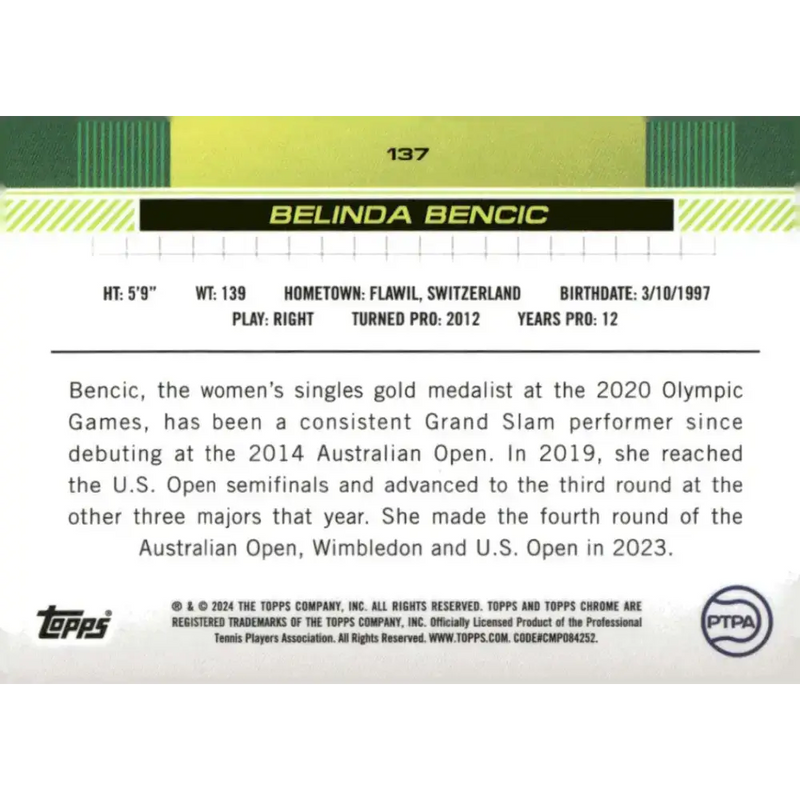 2024 Topps Chrome #137 Belinda Bencic EX Excellent Tennis Card - Tennis Card Single