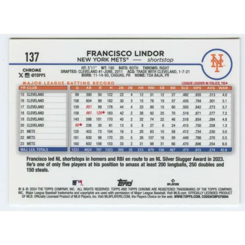 2024 Topps Chrome #137 Francisco Lindor NM-MT New York Mets Baseball Card - Baseball Card Single