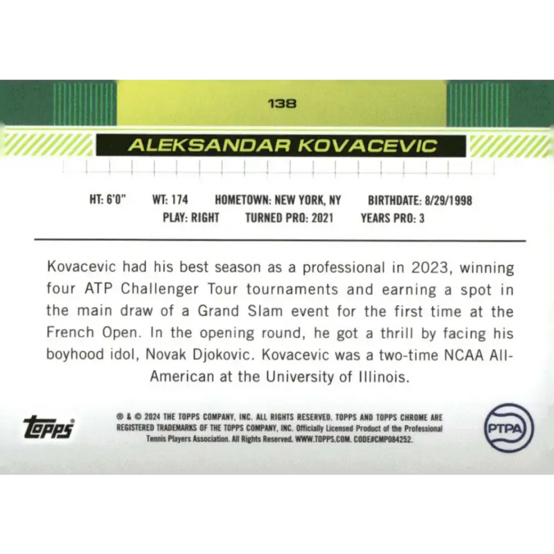 2024 Topps Chrome #138 Aleksandar Kovacevic EX Excellent RC Rookie Tennis Card - Tennis Card Single