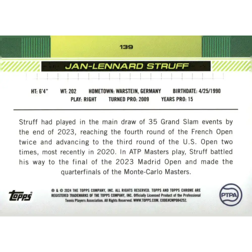 2024 Topps Chrome #139 Jan-Lennard Struff EX Excellent Tennis Card - Tennis Card Single
