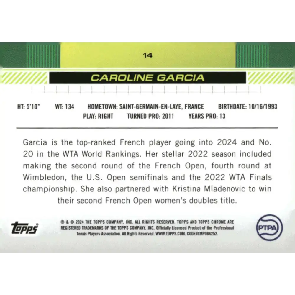 2024 Topps Chrome #14 Caroline Garcia EX Excellent Tennis Card - Other