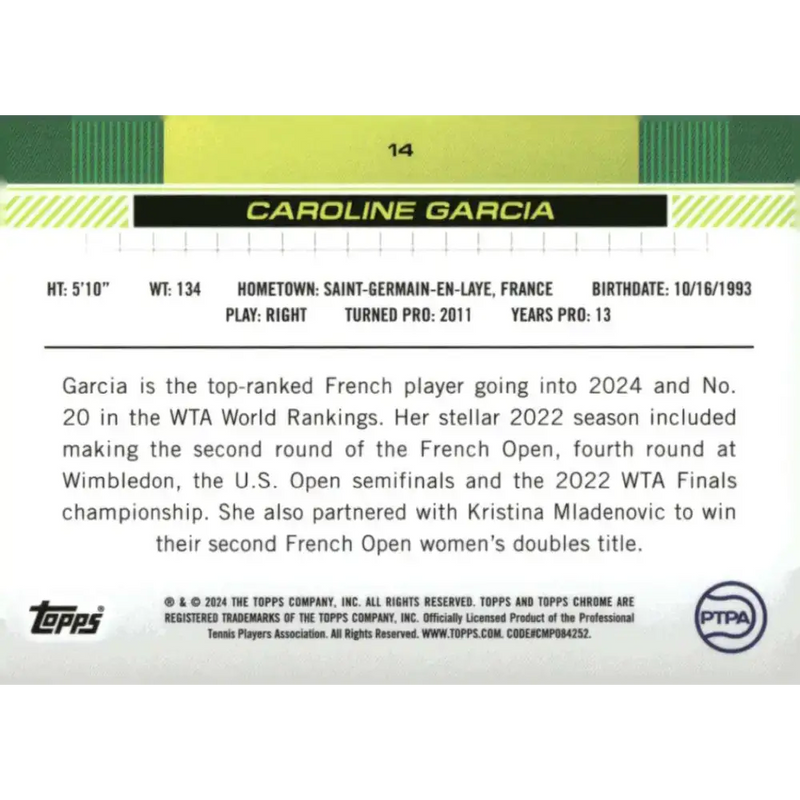 2024 Topps Chrome #14 Caroline Garcia EX Excellent Tennis Card - Other