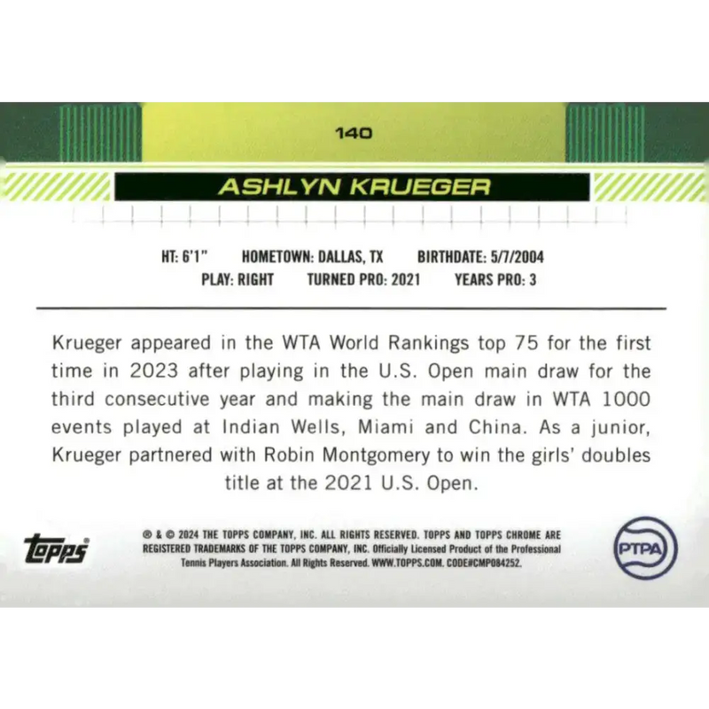 2024 Topps Chrome #140 Ashlyn Krueger EX Excellent RC Rookie Tennis Card - Tennis Card Single
