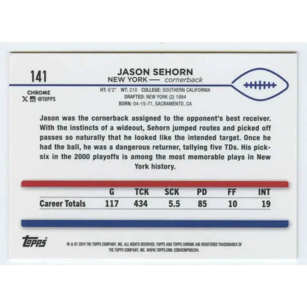 2024 Topps Chrome #141 Jason Sehorn NM-MT New York Giants Football Card - Football Card Single