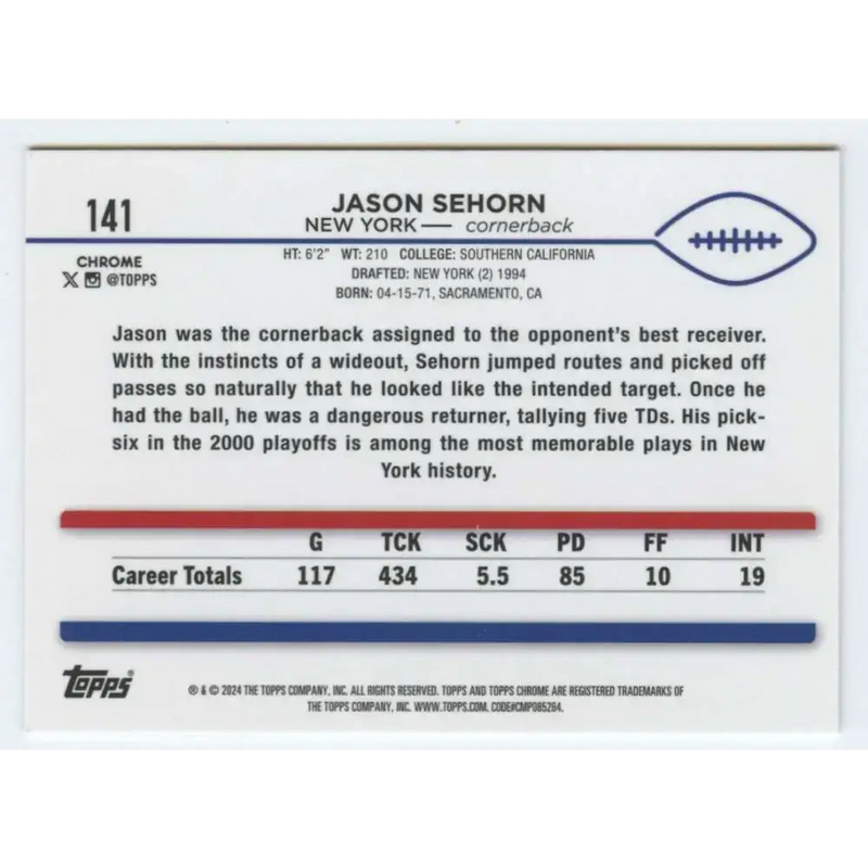 2024 Topps Chrome #141 Jason Sehorn NM-MT New York Giants Football Card - Football Card Single