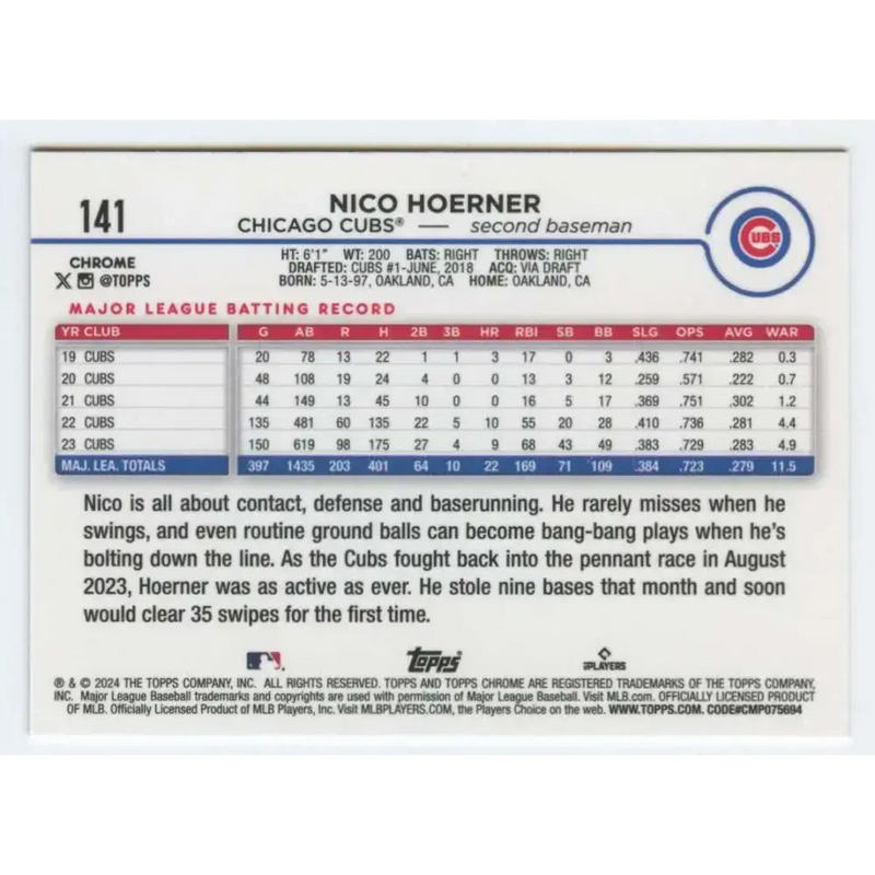 2024 Topps Chrome #141 Nico Hoerner NM-MT Chicago Cubs Baseball Card - Baseball Card Single