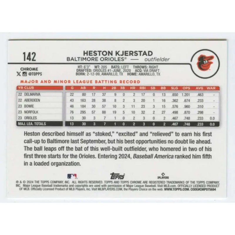 2024 Topps Chrome #142 Heston Kjerstad NM-MT RC Rookie Baltimore Orioles Baseball Card - Baseball Card Single