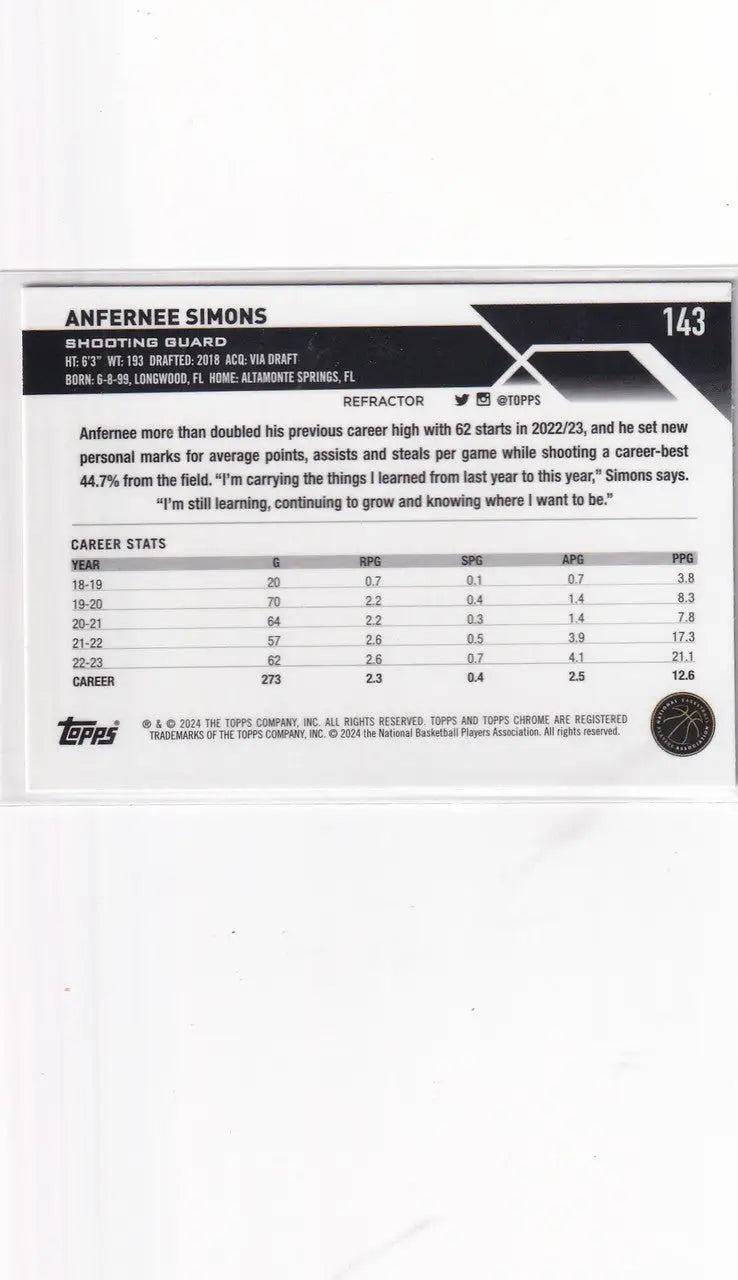 2024 TOPPS CHROME #143 ANFERNEE SIMONS REFRACTOR- PORTLAND TRAIL BLAZZERS - Basketball Card Single