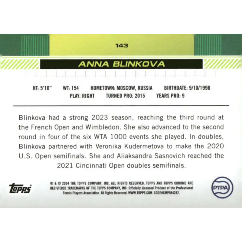 2024 Topps Chrome #143 Anna Blinkova EX Excellent Tennis Card - Other