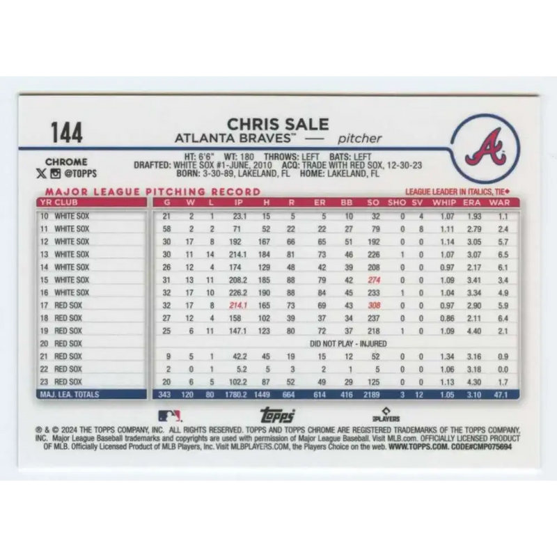 2024 Topps Chrome #144 Chris Sale NM-MT Atlanta Braves Baseball Card - Baseball Card Single
