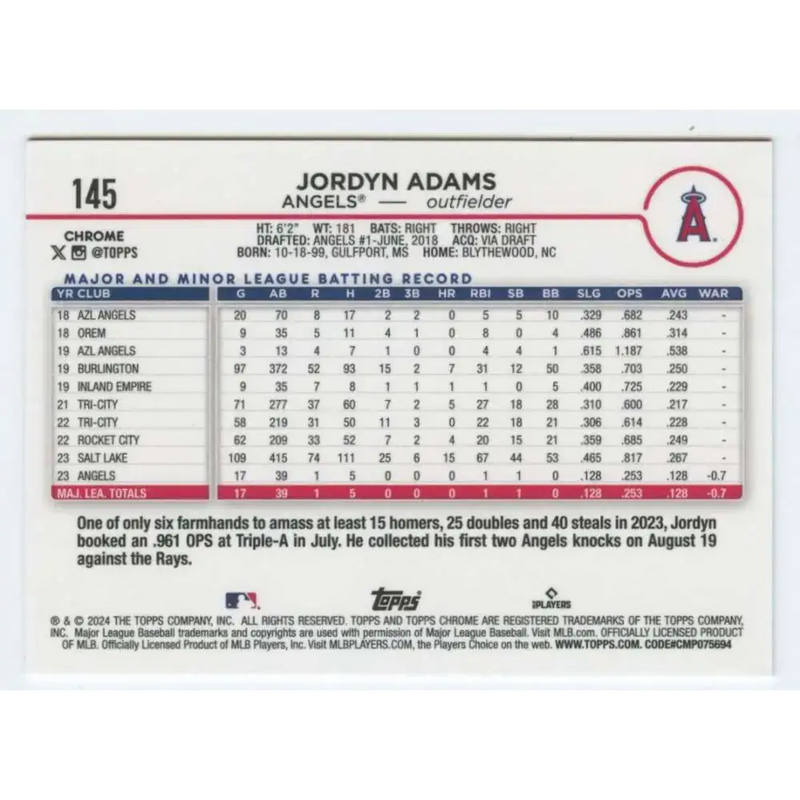 2024 Topps Chrome #145 Jordyn Adams NM-MT RC Rookie Los Angeles Angels Baseball Card - Baseball Card Single