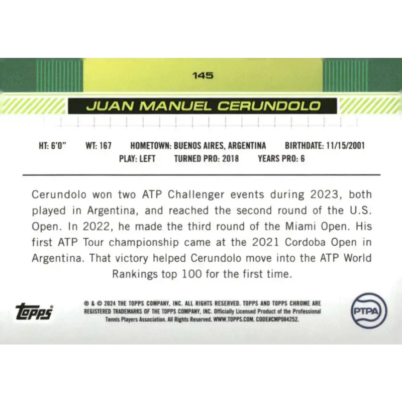 2024 Topps Chrome #145 Juan Manuel Cerundolo EX Excellent Tennis Card - Other