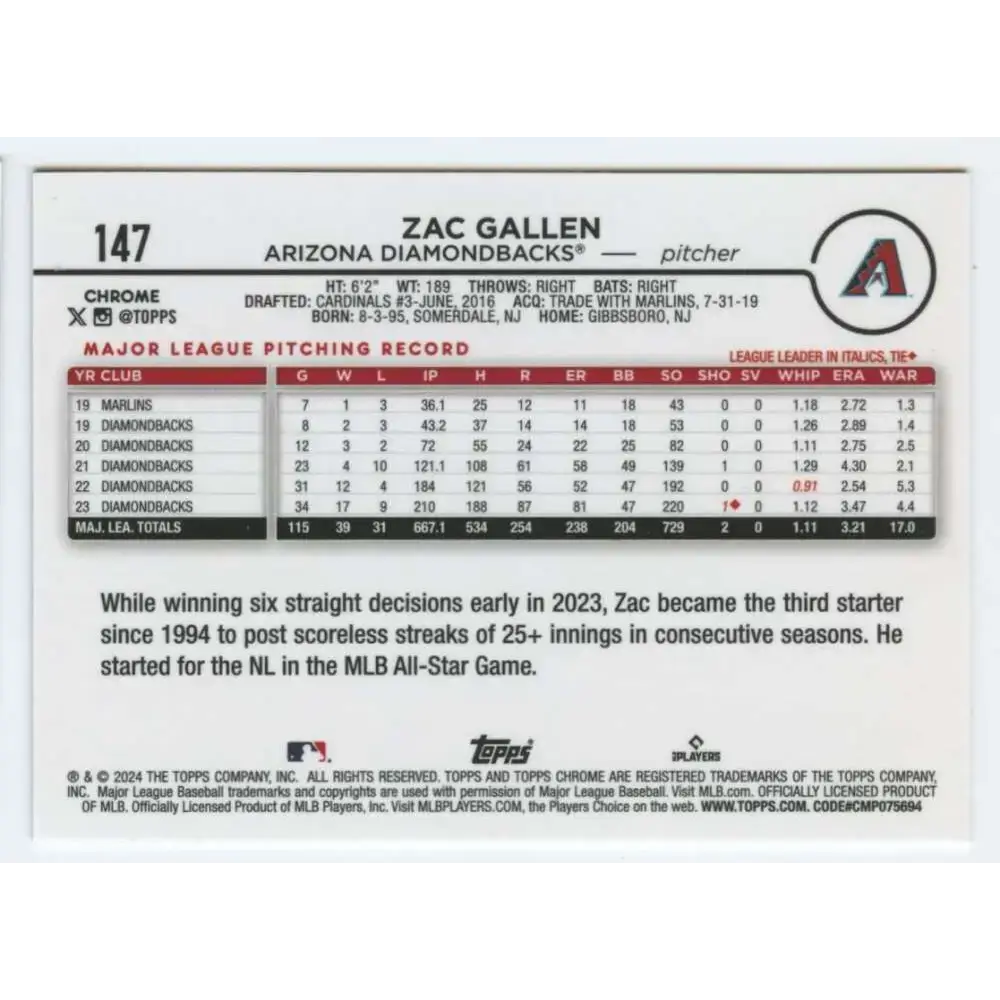 2024 Topps Chrome #147 Zac Gallen NM-MT Arizona Diamondbacks Baseball Card - Baseball Card Single